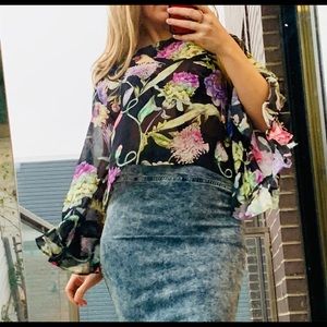 H&M Transparent Floral Wide Bell Flare Sleeve Top